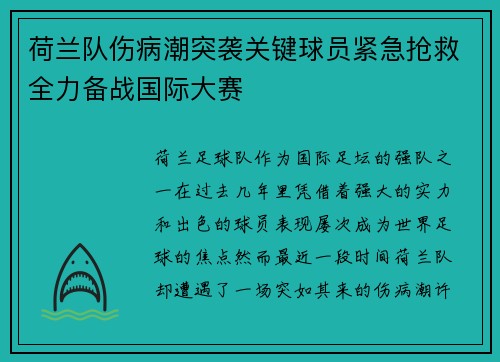 荷兰队伤病潮突袭关键球员紧急抢救全力备战国际大赛