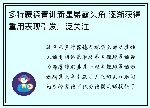 多特蒙德青训新星崭露头角 逐渐获得重用表现引发广泛关注