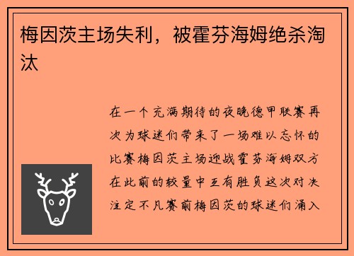 梅因茨主场失利，被霍芬海姆绝杀淘汰