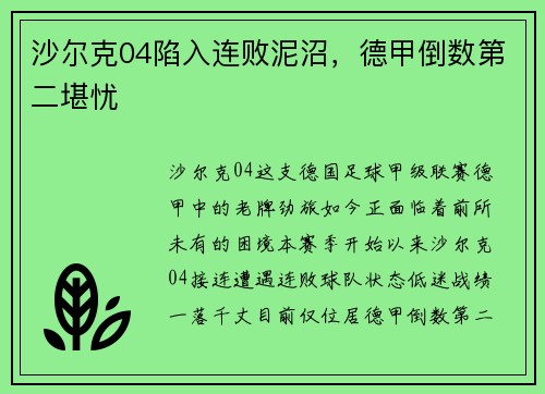 沙尔克04陷入连败泥沼，德甲倒数第二堪忧