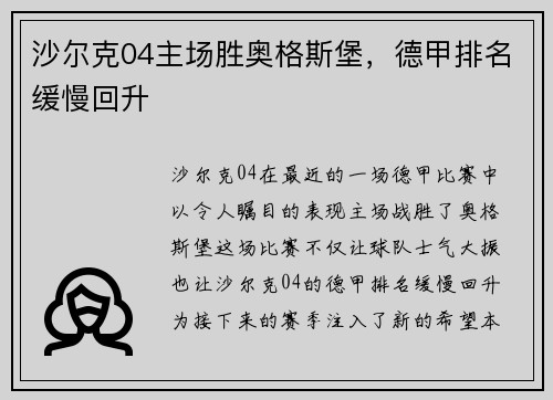 沙尔克04主场胜奥格斯堡，德甲排名缓慢回升